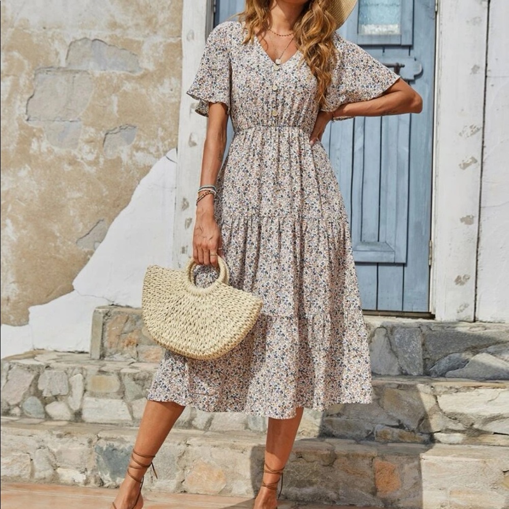Boho floral print flounce sleeve dress - Picture 2 of 7